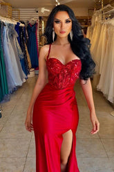 Elegant Long Red Spaghetti Straps Sequins Lace Sleeveless Prom Dress Long Slit